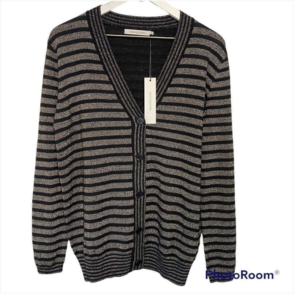 NWT Stitches & Stripes Cardigan Sweater size Medium Black Metallic Stripe V-Neck